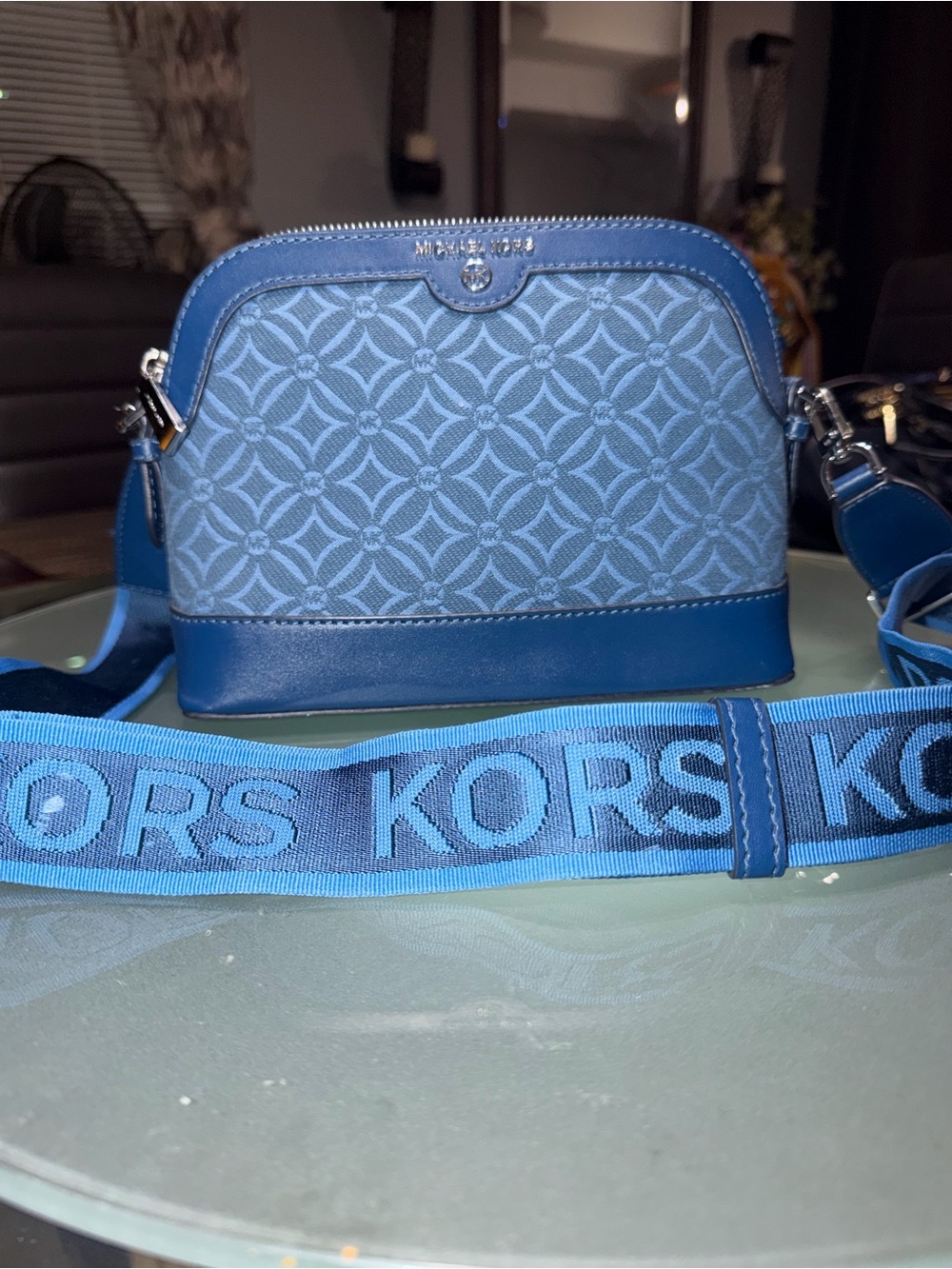 Michael Kors Blue Embossed Logo Jacquard Crossbody Bag with Branded Strap - Picture 4 of 12